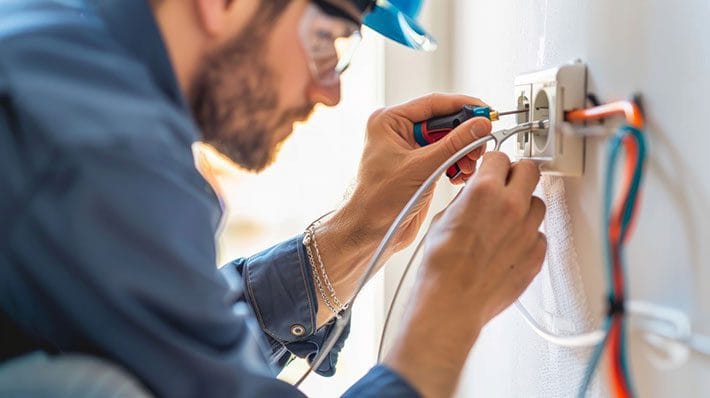 عکس تکنسین در حال تعمیر تاسیسات الکتریکال، نماد خدمات فنی مهندسی دکتر ساختمان.