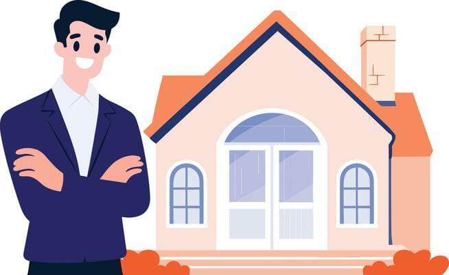 یک مدیر ساختمان با کت و شلوار در کنار یک خانه، نمادی از وظایف مدیر در مدیریت و اداره ساختمان.