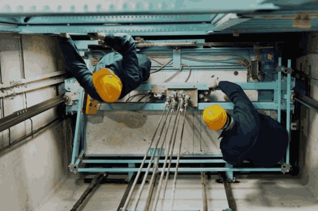 عکس تکنسینها در حال تعمیر و نگهداری آسانسور، نماد خدمات فنی مهندسی دکتر ساختمان.