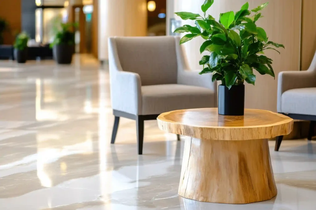 54516999 upscale hotel lobby features unique fossilized tree stump coffee table with natural stone flooring and contemporary seating 11zon 1024x683