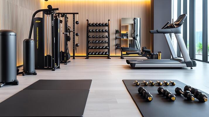 Modern gym interior with fitness equipment weights and a treadmill in a bright space photo